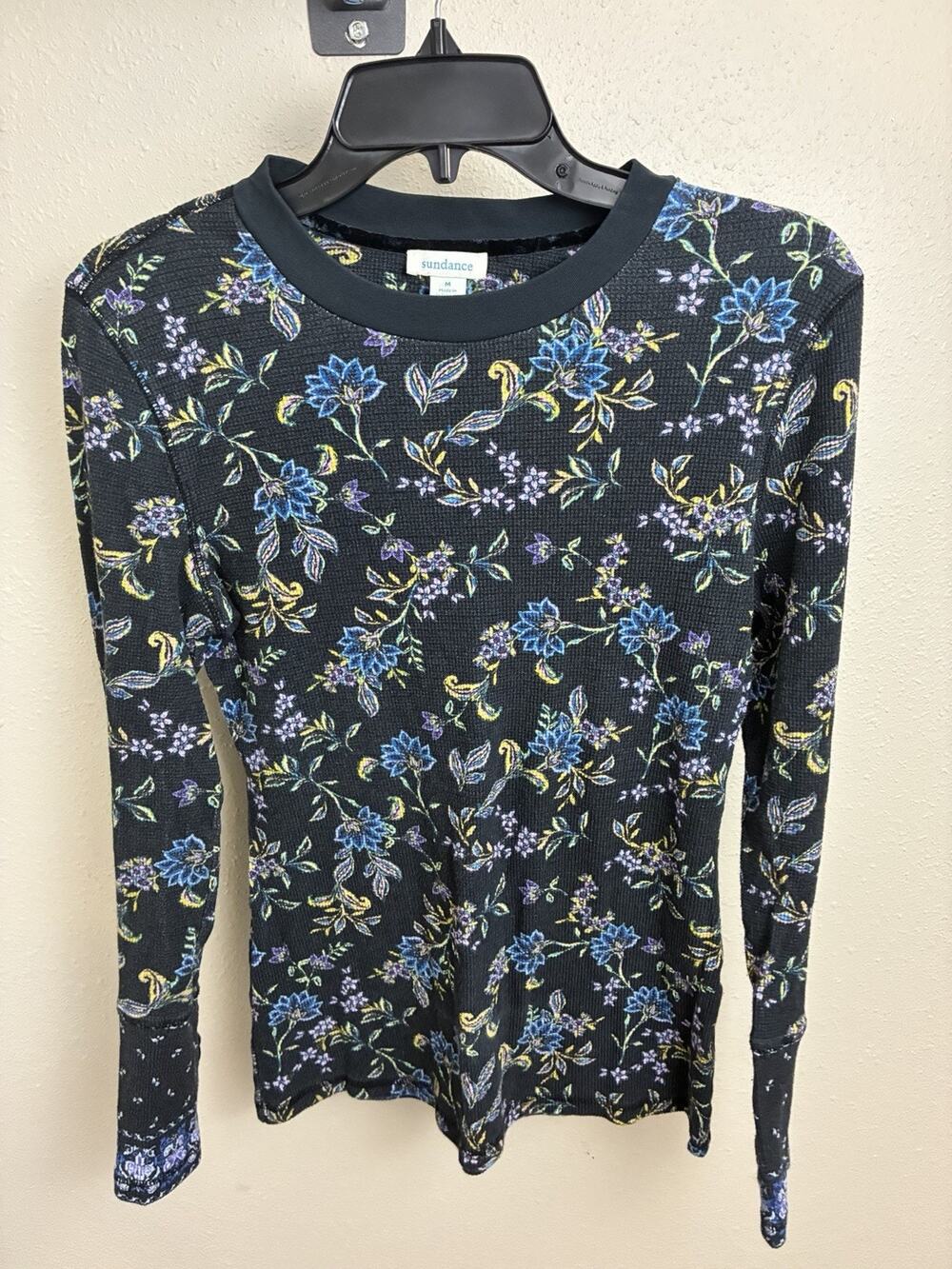 Sundance Floral Waffle Knit Long Sleeve Top Women’s Size M Boho Thermal Shirt